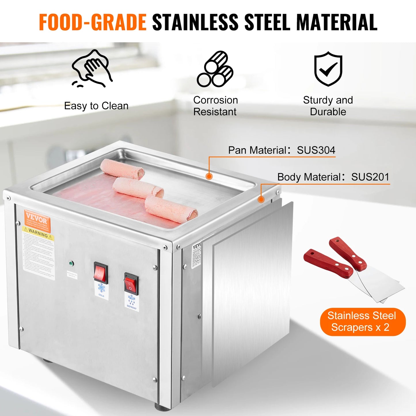 Fried Ice Cream Roll Machine Stir-Fried Stainless Steel Rolled Ice with Compressor & 2 Scrapers for Home Commercial