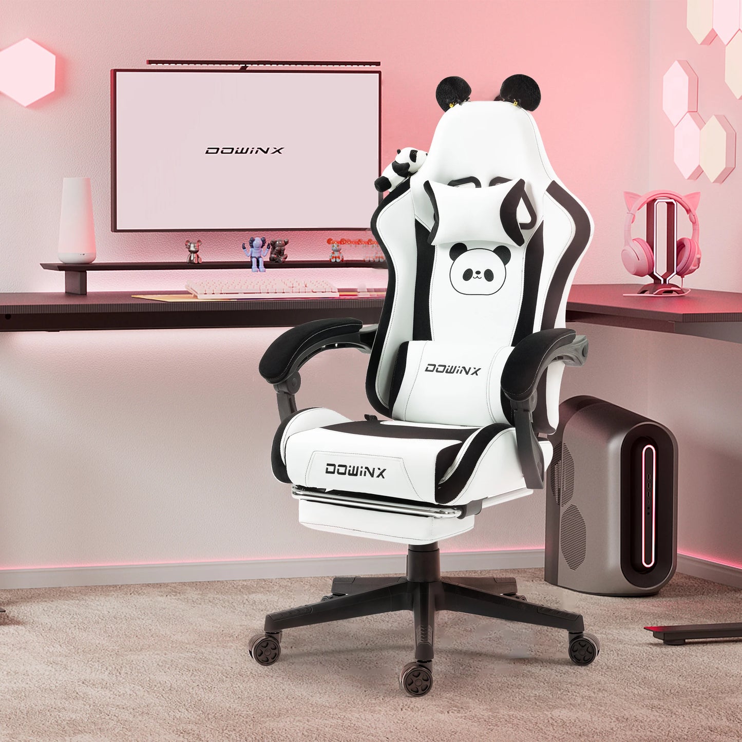 Gaming Chair Cute with Cat Ears and Massage Lumbar Support, Ergonomic Computer Chair for Girl with Footrest and Headrest