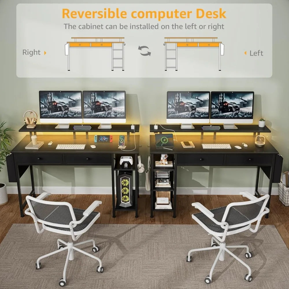 Black Computer Desk with Shelves and Drawers - 47 Inch Home Office Desk with Drawers and Shelves, Small Black Desk with Shelves,