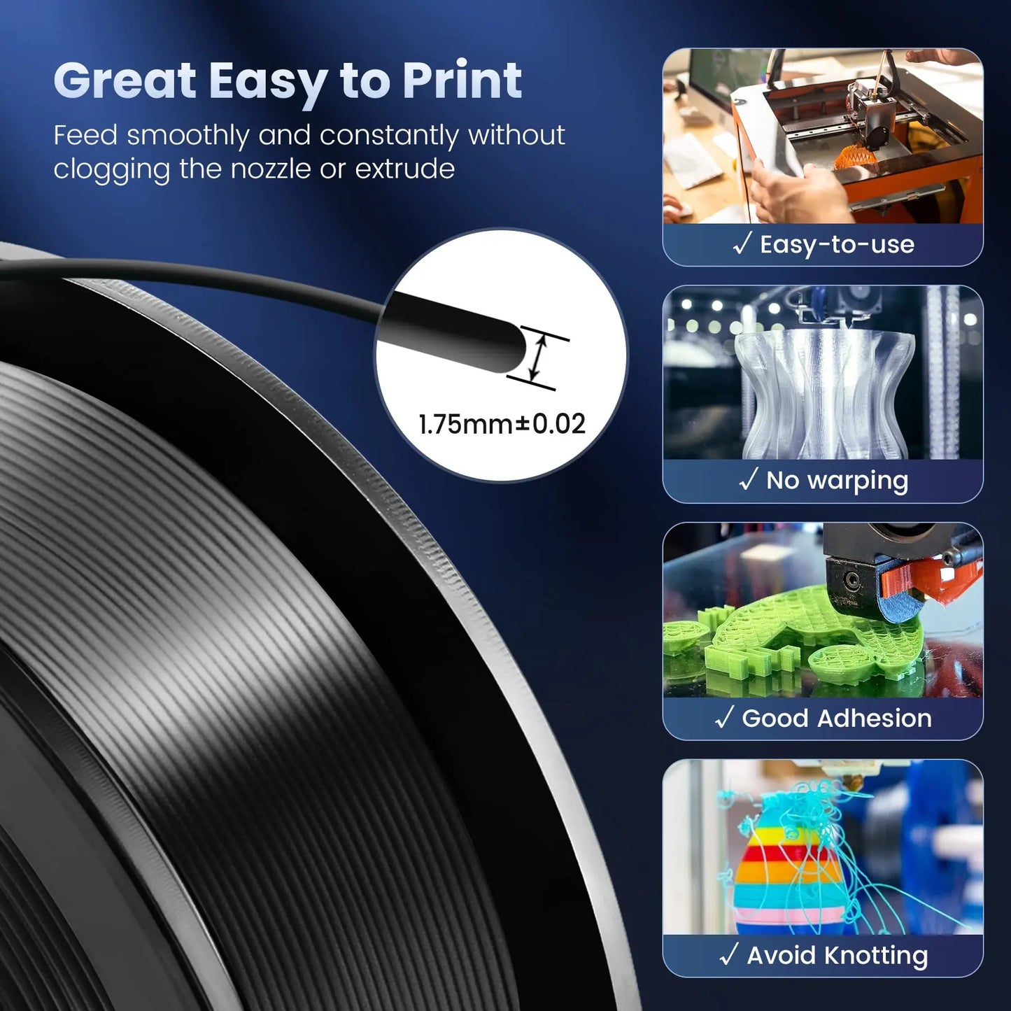 5KG Pla Plus Silk 3D Filament, 1.75mm Shiny Silk Texture High Toughness, 3D Printing Filaments for 3D Printer, Fast Shipping
