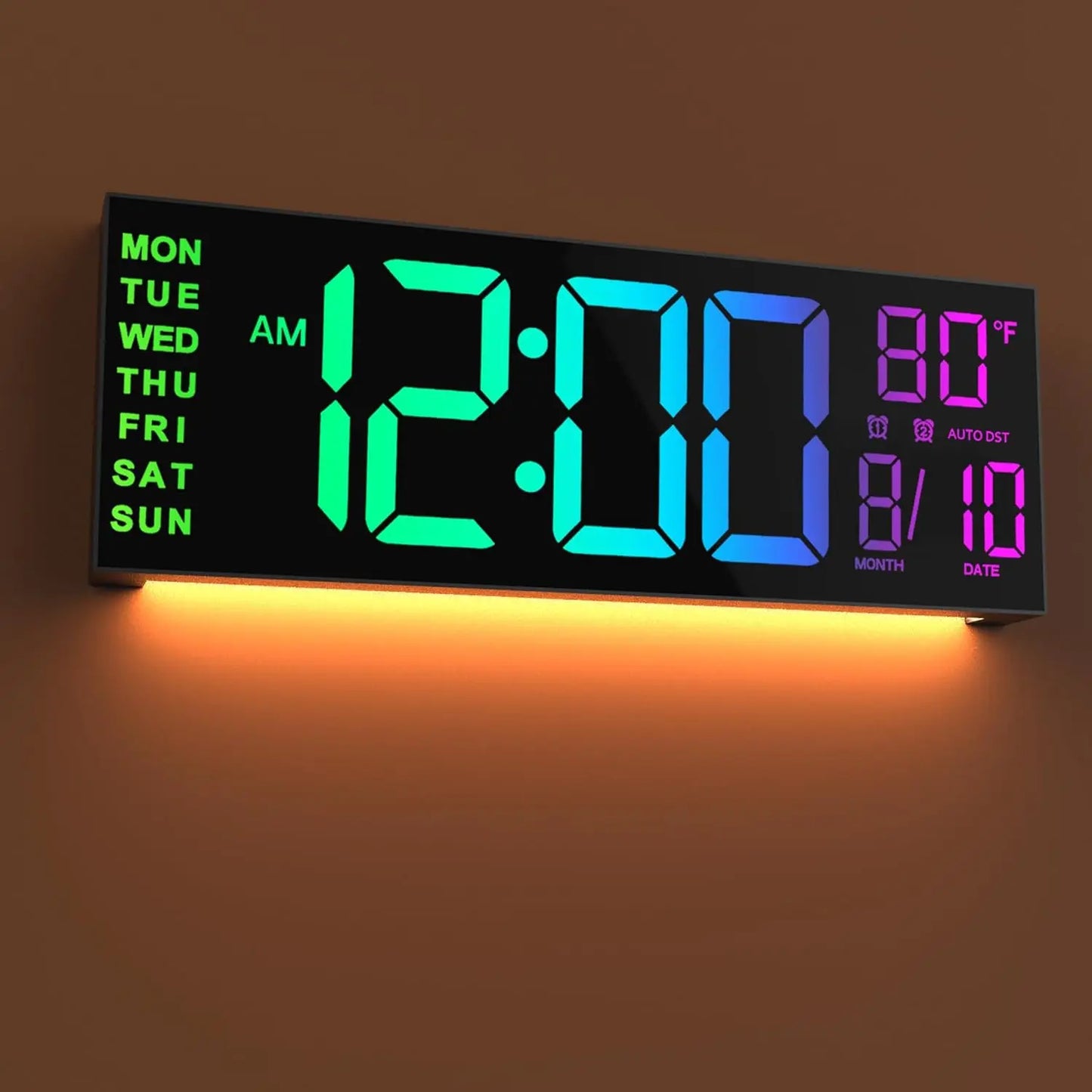 16" Large Digital Wall Clock With Remote Control, Timer, Alarm With Big LED Screen Dispaly, 8 RGB Colors, Auto DST, Temperature
