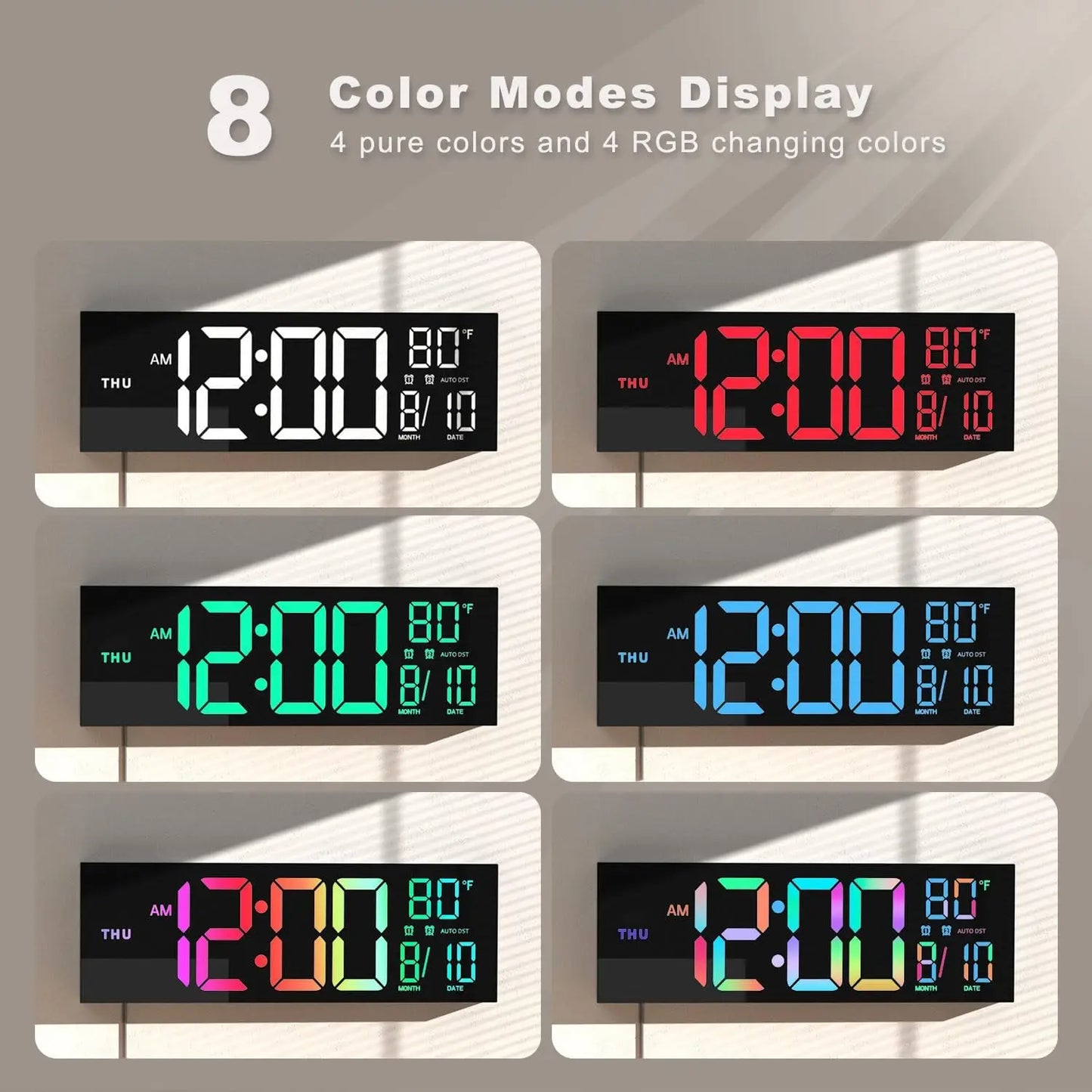 16" Large Digital Wall Clock With Remote Control, Timer, Alarm With Big LED Screen Dispaly, 8 RGB Colors, Auto DST, Temperature