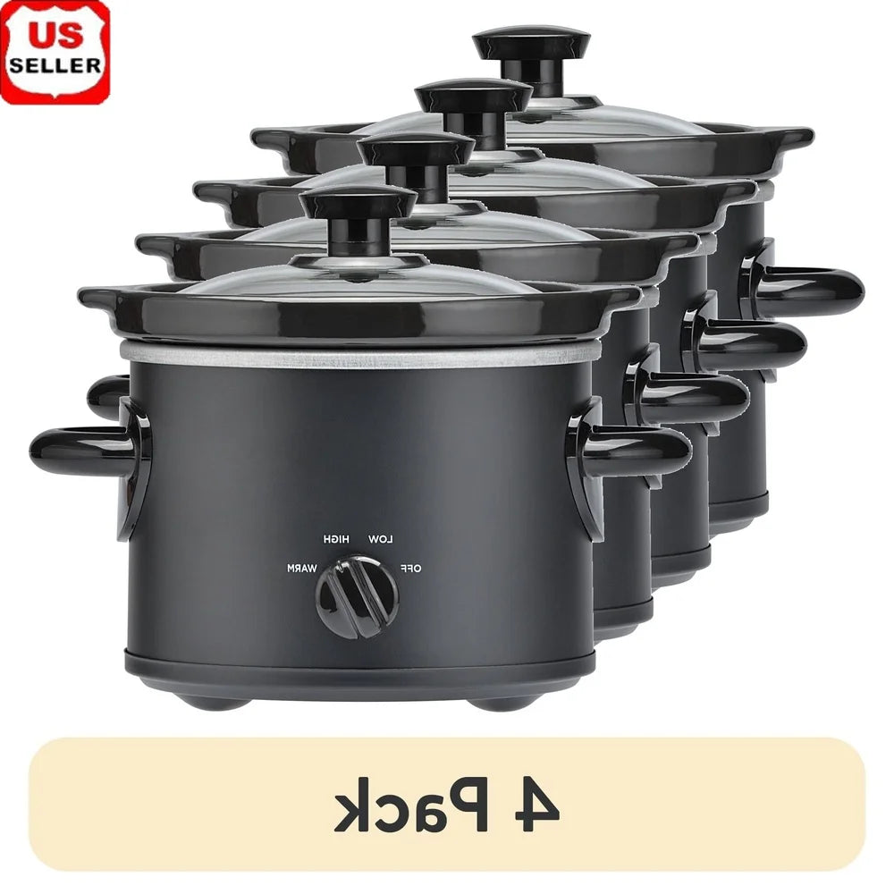 4 Pack-2 QT Slow Cooker, Matte Black, Removable Stoneware Pot with Glass Lid, Two Temperature Settings, Easy Cooking