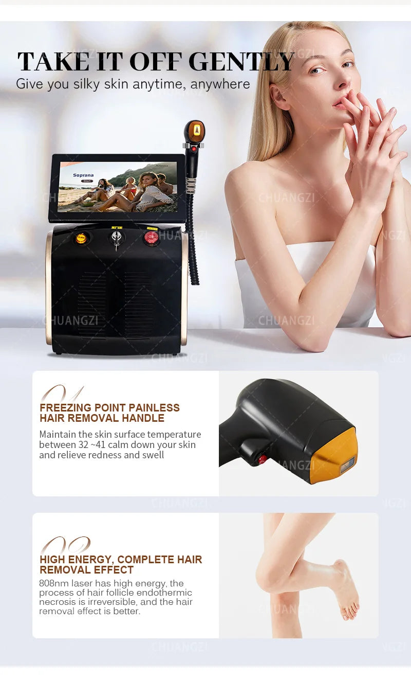 Laser Hair Removal Machine, 3 wave Ice Titanium, Painless Permanent Device for Professional Salon Depilator 808nm Diode