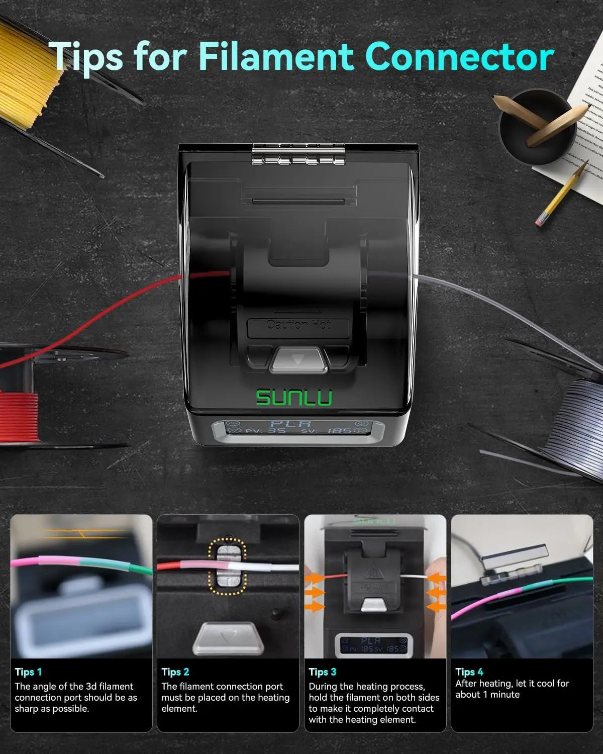 Filament Connector FC01 for 1.75mm PLA/ABS/PETG/PA/PC Filament, Fast Welding Splicer Simple to Use with 200pcs PTFE Sleeve