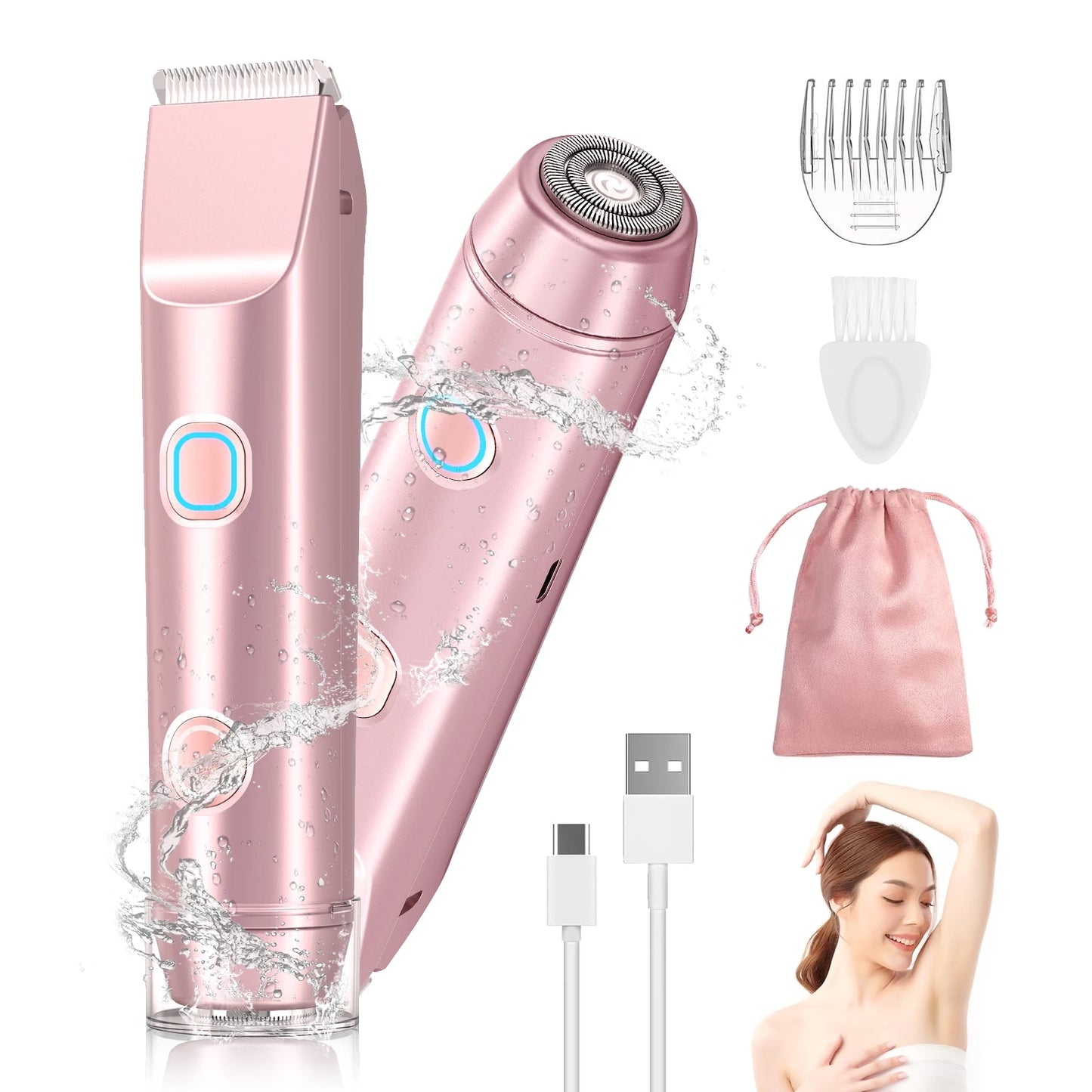 Electric Shaver for Women, Waterproof Wet & Dry Hair Razors, 2 in 1 Double Head, Dual Bikini Hair Trimmer, Detachable Head Shaver