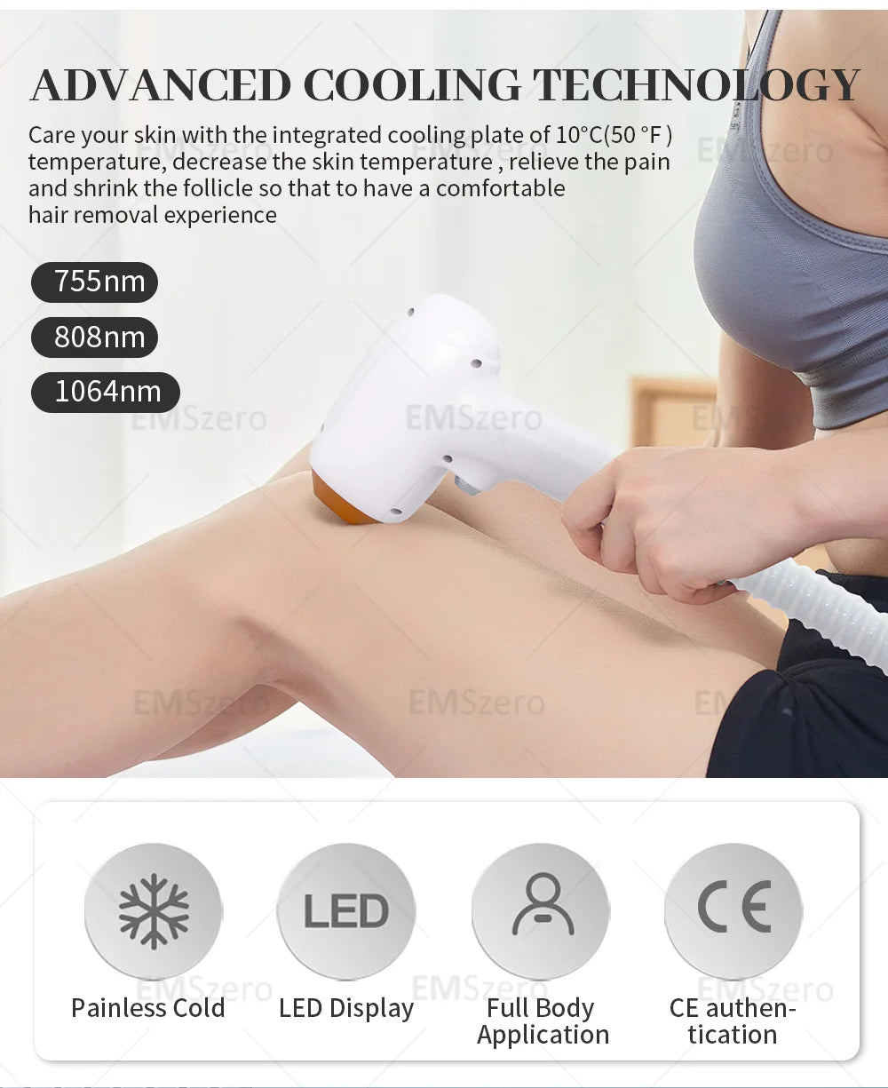 Diode Laser Hair Removal, Professional Machine, Painless Cooling, Permanent Lazer Hair Removal, 3 Wavelengths 755 808 1064