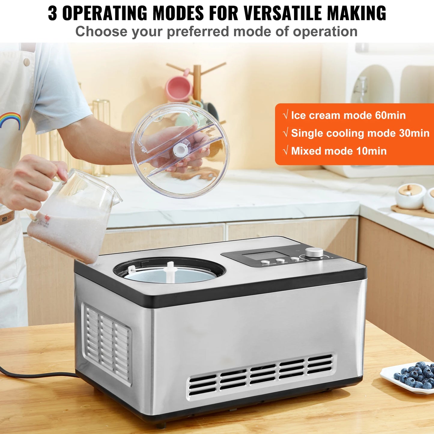 Automatic Ice Cream Maker with Built-in Compressor, 2 Quart, No Pre-freezing, Fruit Yogurt Machine, Electric Sorbet Maker