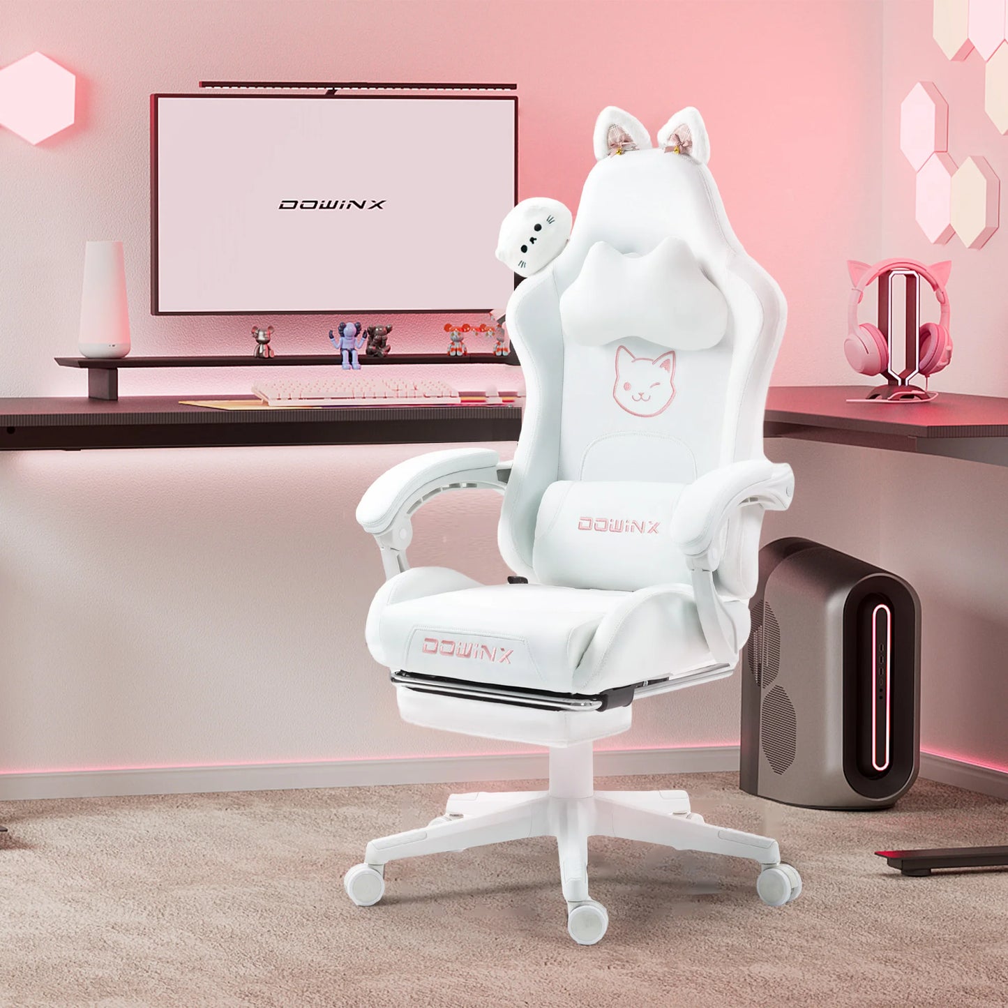 Gaming Chair Cute with Cat Ears and Massage Lumbar Support, Ergonomic Computer Chair for Girl with Footrest and Headrest