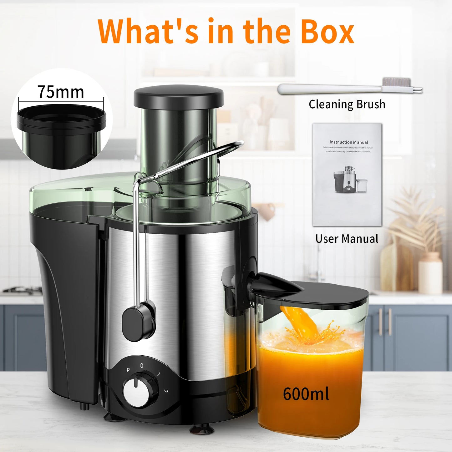 600W Juicer Machine, Anti-Drip Centrifugal, Juice Extractor with 3-Inch Feed Chute for Whole Fruits & Vegetables, BPA-Free