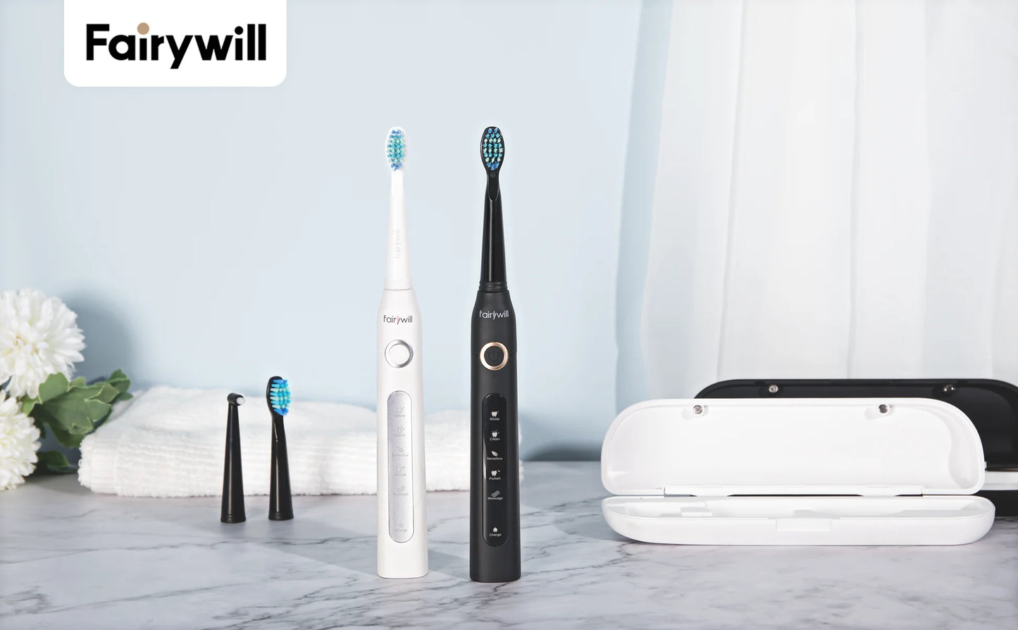 Fairywill Sonic Electric Toothbrush FW-D7 set USB Charge Toothbrushes case for Adult with tooth brush Heads 5 Mode Smart Time