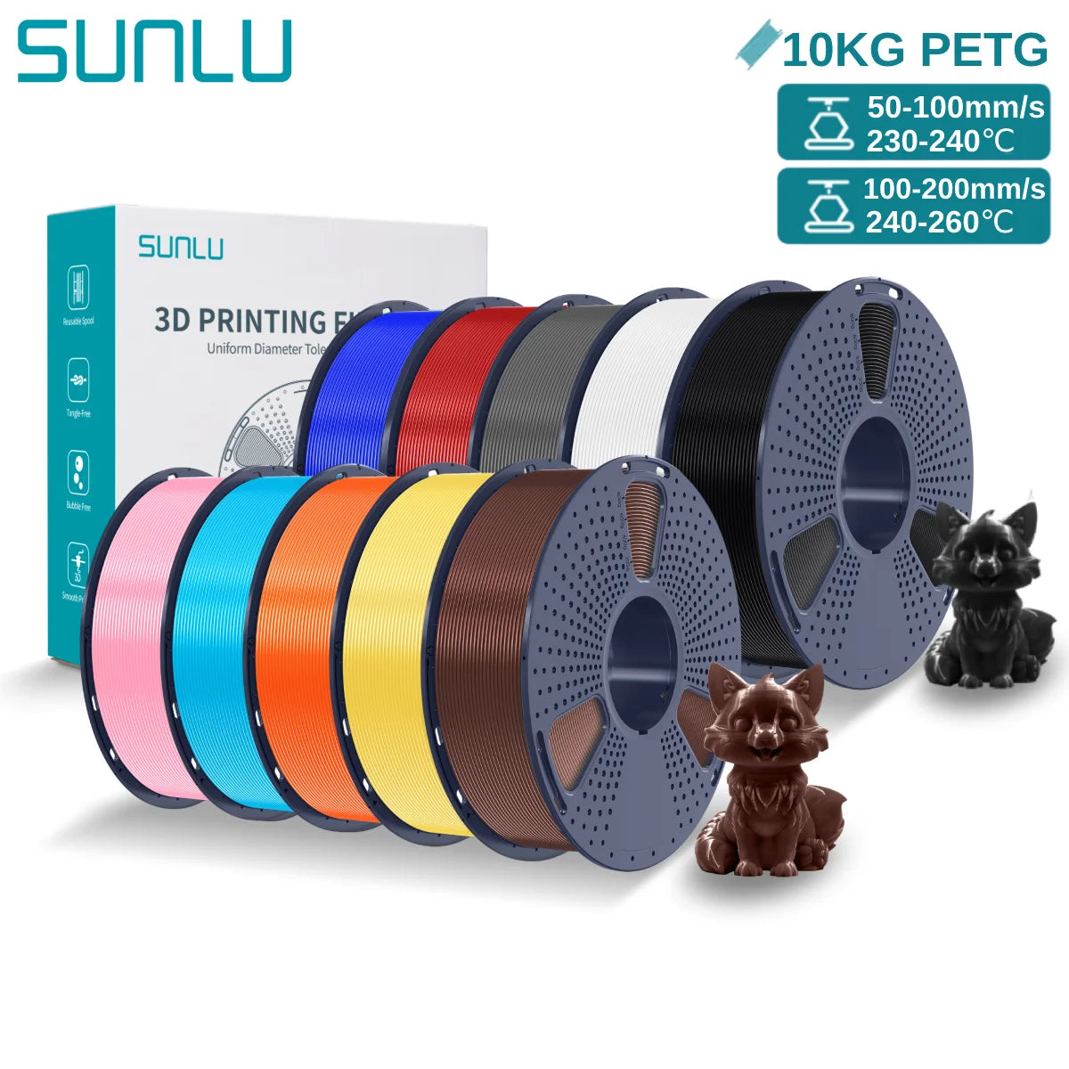 SUNLU PETG 10KG 3D Printer Filament 1.75mm High Toughness Neatly Wound 3D Filaments Spool for Most FDM 3D Printer Materials