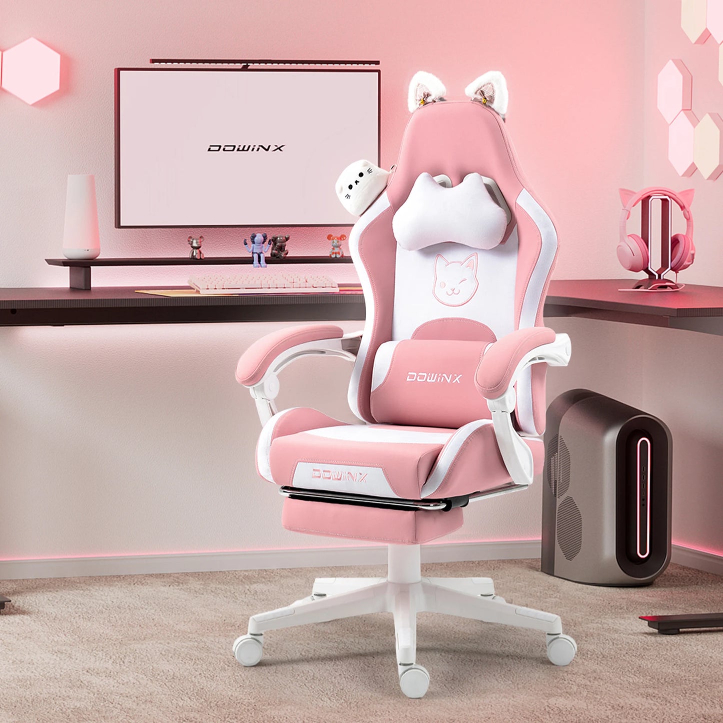 Gaming Chair Cute with Cat Ears and Massage Lumbar Support, Ergonomic Computer Chair for Girl with Footrest and Headrest