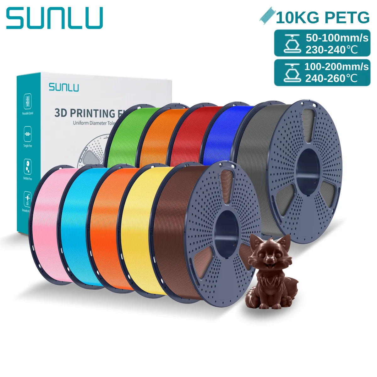 SUNLU PETG 10KG 3D Printer Filament 1.75mm High Toughness Neatly Wound 3D Filaments Spool for Most FDM 3D Printer Materials