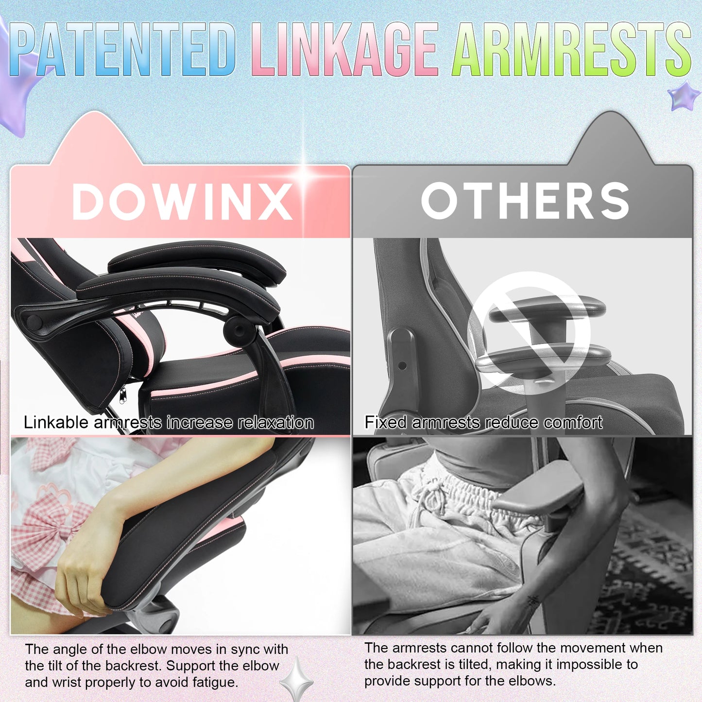 Gaming Chair Cute with Cat Ears and Massage Lumbar Support, Ergonomic Computer Chair for Girl with Footrest and Headrest