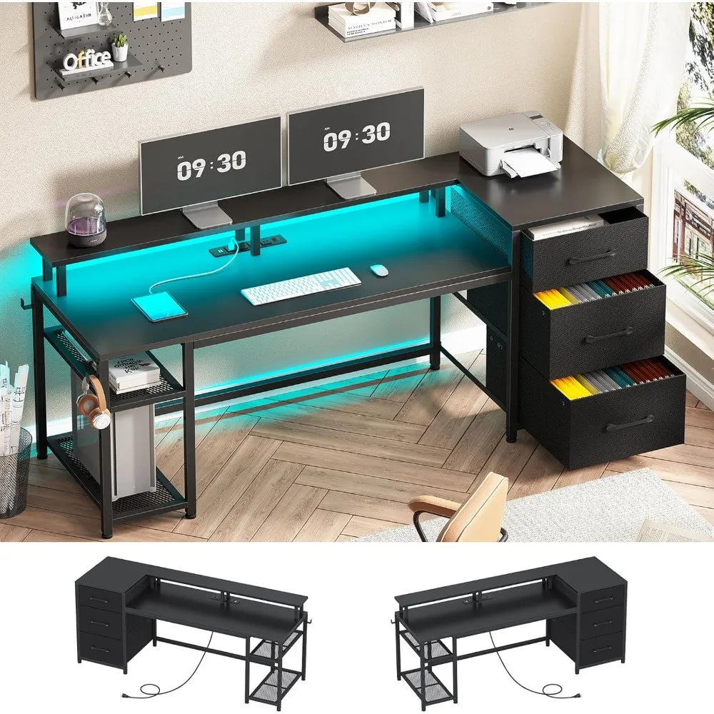 59" Office Desk with Drawers, Reversible Computer Desk with File Drawers & Storage, Gaming Desk with LED Lights & Power Outlet
