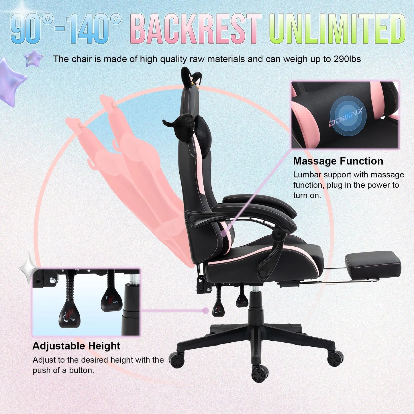 Gaming Chair Cute with Cat Ears and Massage Lumbar Support, Ergonomic Computer Chair for Girl with Footrest and Headrest