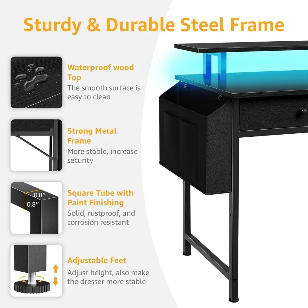 Black Computer Desk with Shelves and Drawers - 47 Inch Home Office Desk with Drawers and Shelves, Small Black Desk with Shelves,