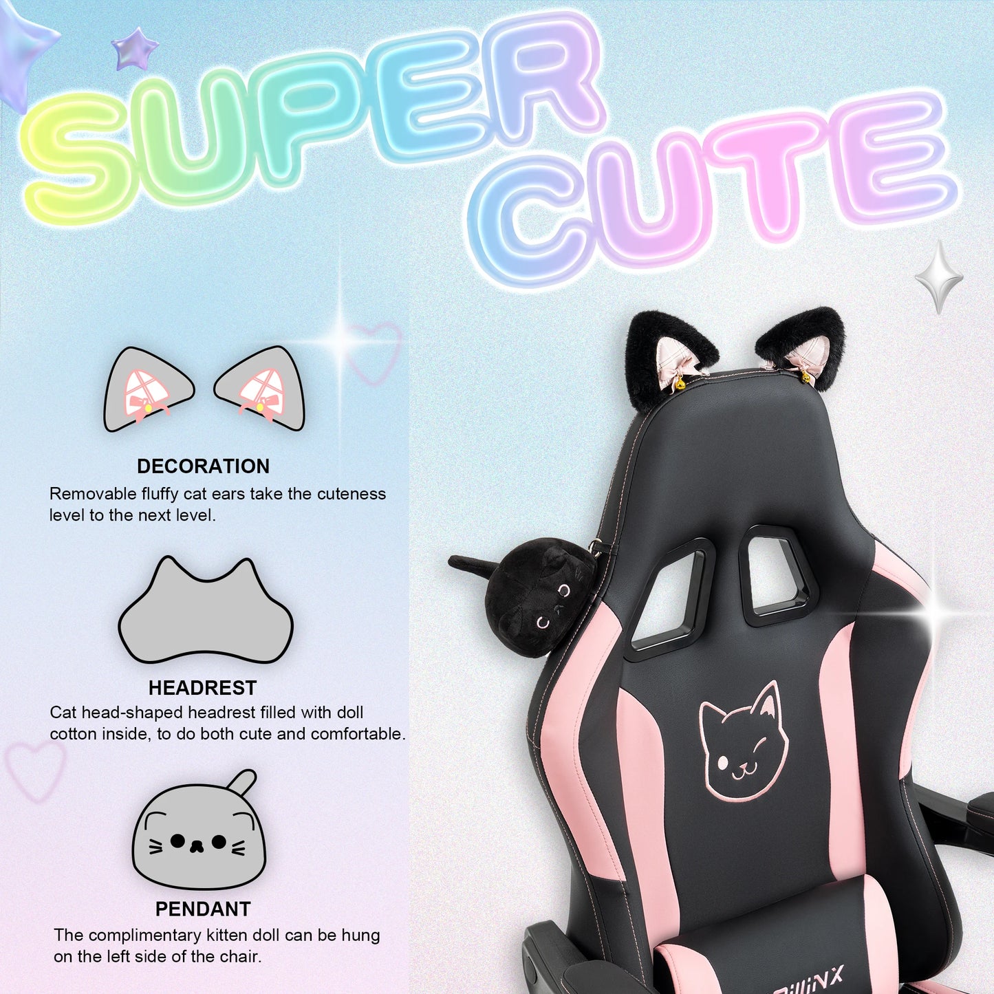 Gaming Chair Cute with Cat Ears and Massage Lumbar Support, Ergonomic Computer Chair for Girl with Footrest and Headrest