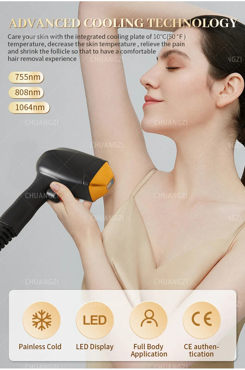 Laser Hair Removal Machine, 3 wave Ice Titanium, Painless Permanent Device for Professional Salon Depilator 808nm Diode