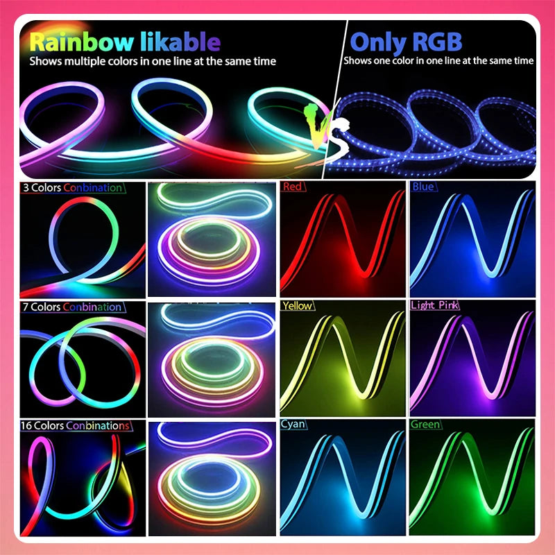 Neon LED Strip Lights 12-24V 84LEDs/M Silicone Neon Rope Light with Music Sync RGBIC Dream color Chasing Strip Tape for Room