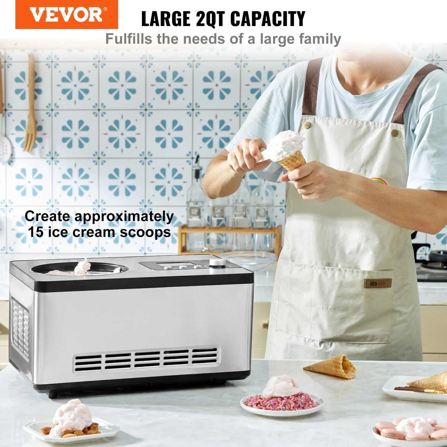 Automatic Ice Cream Maker with Built-in Compressor, 2 Quart, No Pre-freezing, Fruit Yogurt Machine, Electric Sorbet Maker