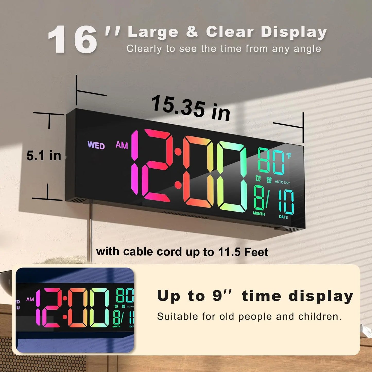 16" Large Digital Wall Clock With Remote Control, Timer, Alarm With Big LED Screen Dispaly, 8 RGB Colors, Auto DST, Temperature