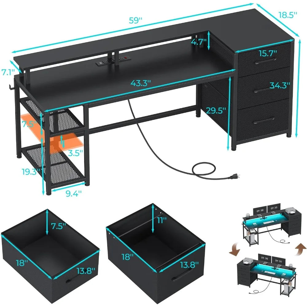 59" Office Desk with Drawers, Reversible Computer Desk with File Drawers & Storage, Gaming Desk with LED Lights & Power Outlet