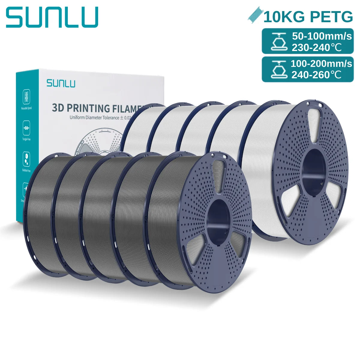 SUNLU PETG 10KG 3D Printer Filament 1.75mm High Toughness Neatly Wound 3D Filaments Spool for Most FDM 3D Printer Materials