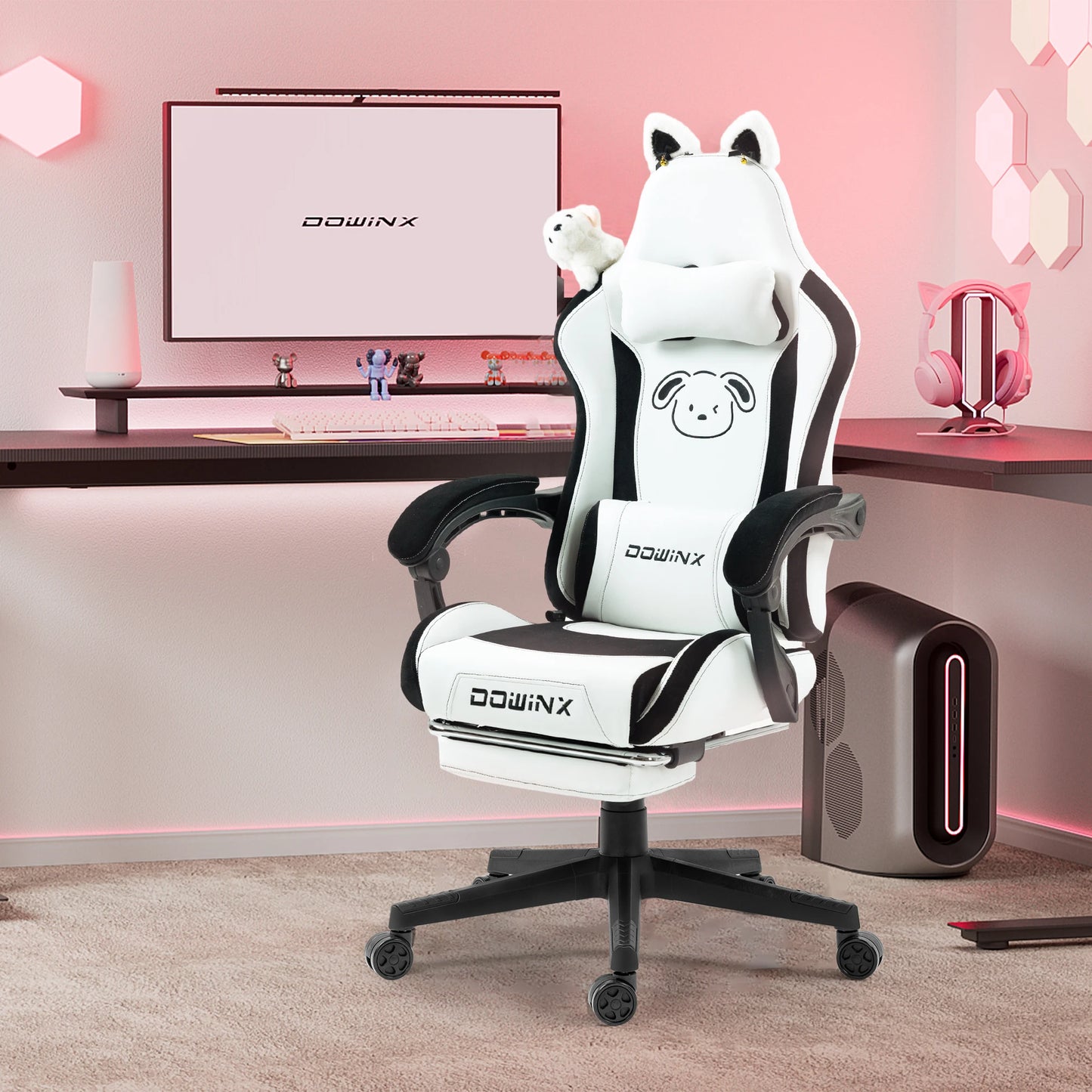 Gaming Chair Cute with Cat Ears and Massage Lumbar Support, Ergonomic Computer Chair for Girl with Footrest and Headrest