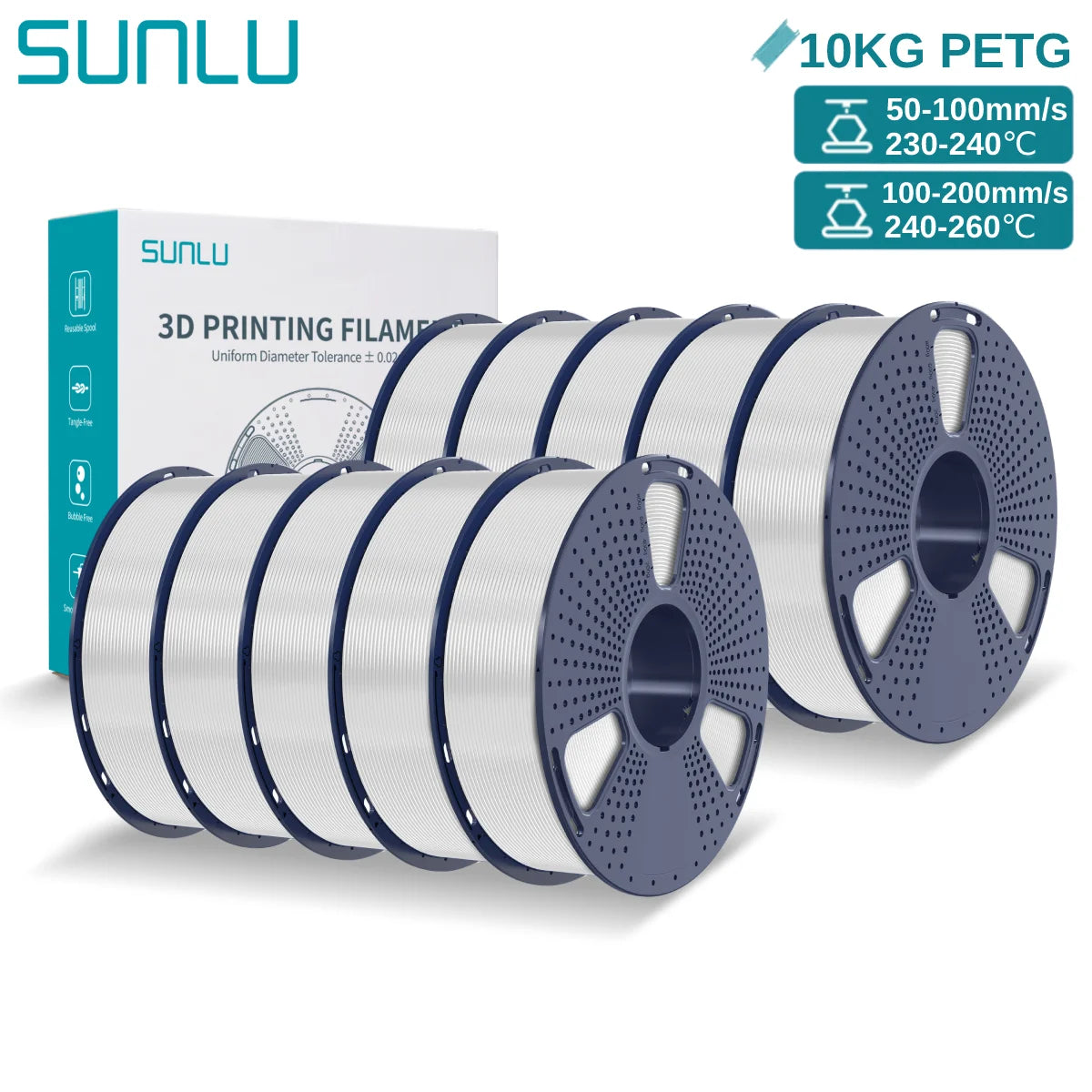 SUNLU PETG 10KG 3D Printer Filament 1.75mm High Toughness Neatly Wound 3D Filaments Spool for Most FDM 3D Printer Materials