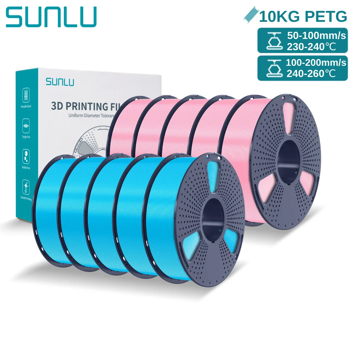 SUNLU PETG 10KG 3D Printer Filament 1.75mm High Toughness Neatly Wound 3D Filaments Spool for Most FDM 3D Printer Materials