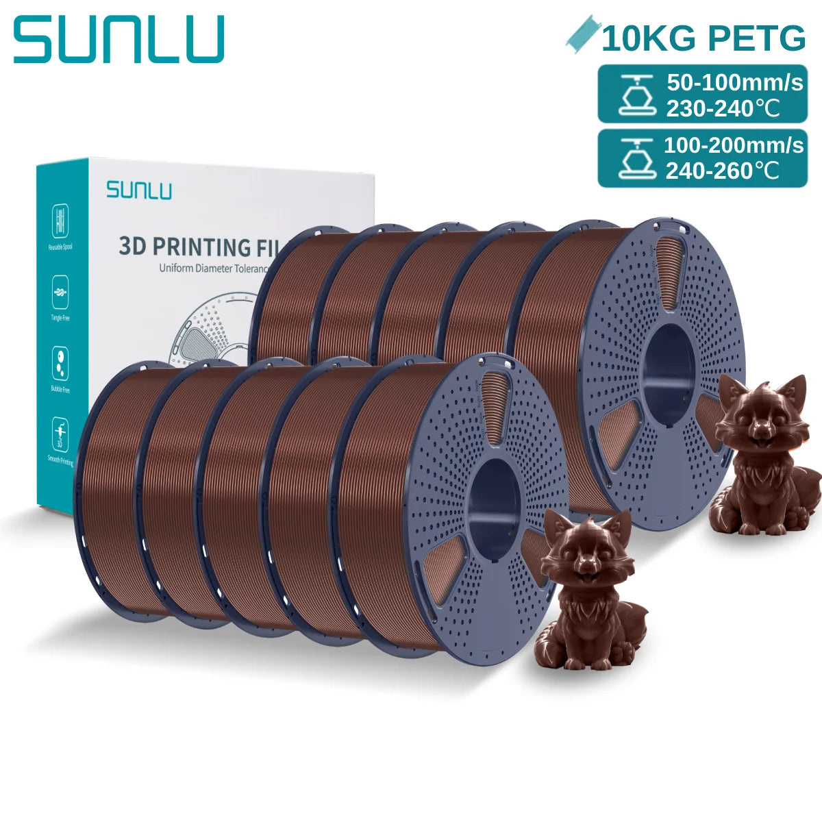SUNLU PETG 10KG 3D Printer Filament 1.75mm High Toughness Neatly Wound 3D Filaments Spool for Most FDM 3D Printer Materials