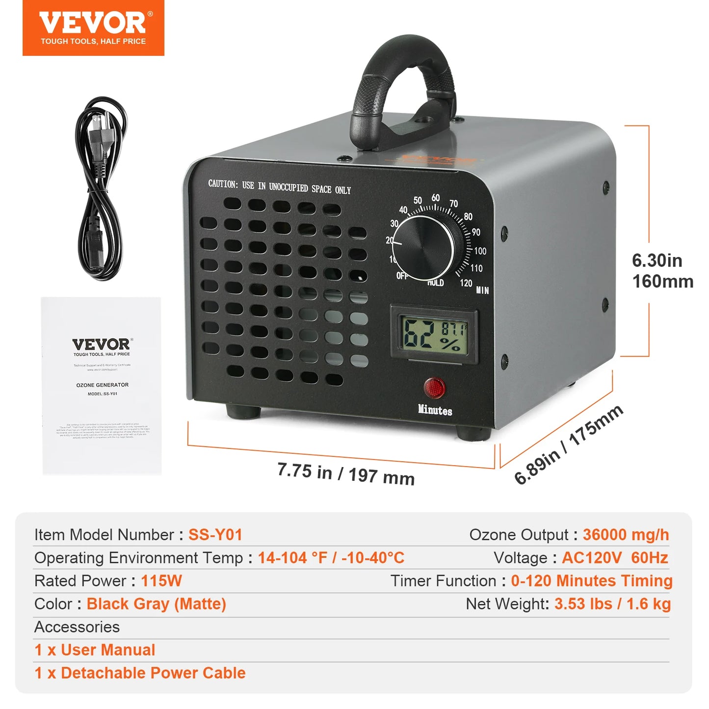 Ozone Generator, 12000 36000 24000mg/h Ozone Machine, Odor Remover, High Capacity Commercial/Industrial Ozone Generator