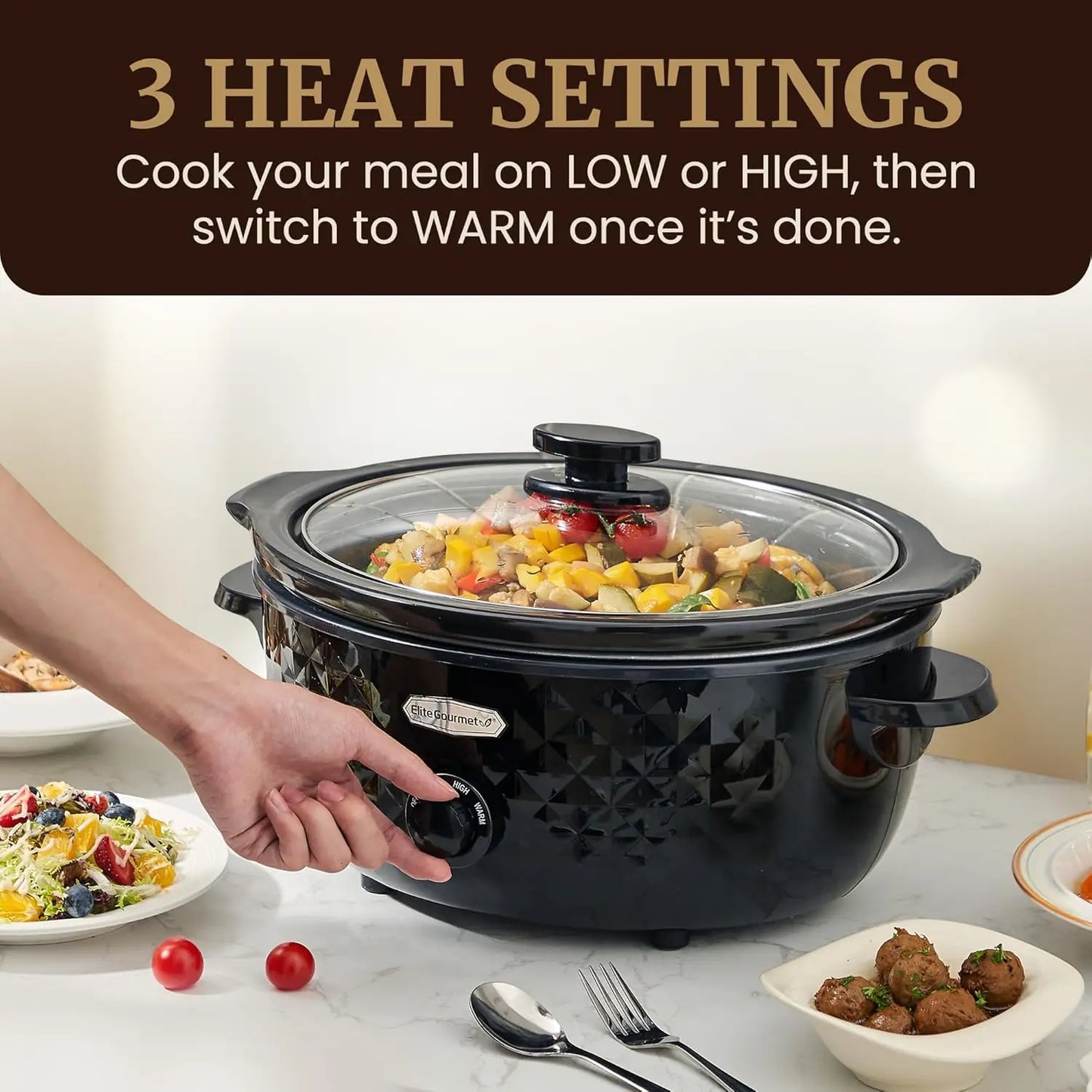 Diamond Pattern Slow Cooker Removable Dishwasher-Safe Pot with Tempered Glass Lid, Cool-Touch Handles, 6 Quart, Charcoal Black