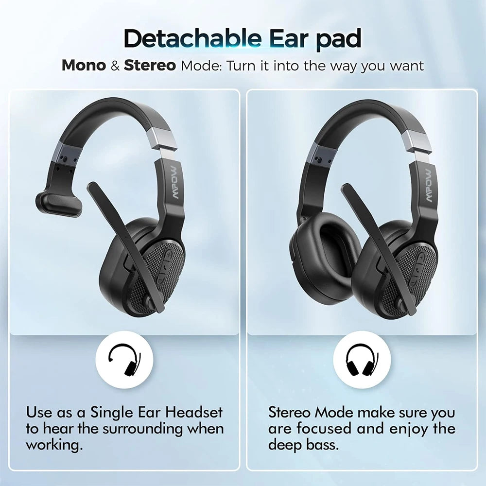 2 in 1 Wireless Headphones Bluetooth 5.3 Dual/Single Office Headset with Microphone&Mute Switch 35H for Trucker Driver