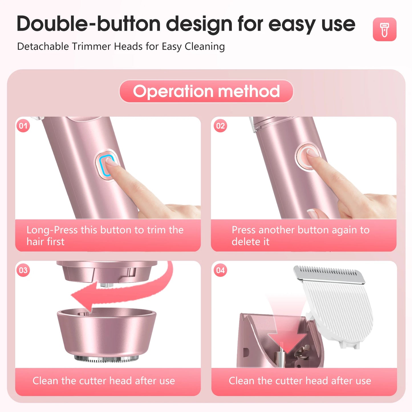 Electric Shaver for Women, Waterproof Wet & Dry Hair Razors, 2 in 1 Double Head, Dual Bikini Hair Trimmer, Detachable Head Shaver