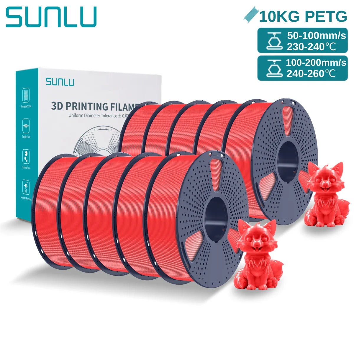 SUNLU PETG 10KG 3D Printer Filament 1.75mm High Toughness Neatly Wound 3D Filaments Spool for Most FDM 3D Printer Materials