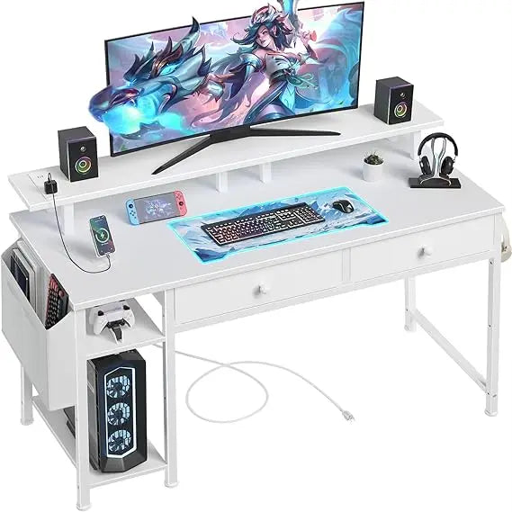 Black Computer Desk with Shelves and Drawers - 47 Inch Home Office Desk with Drawers and Shelves, Small Black Desk with Shelves,
