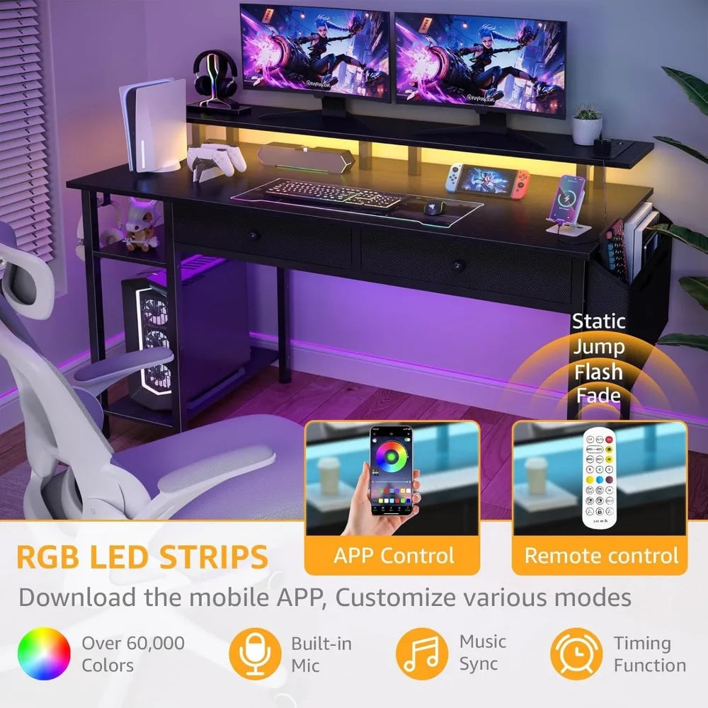 Black Computer Desk with Shelves and Drawers - 47 Inch Home Office Desk with Drawers and Shelves, Small Black Desk with Shelves,