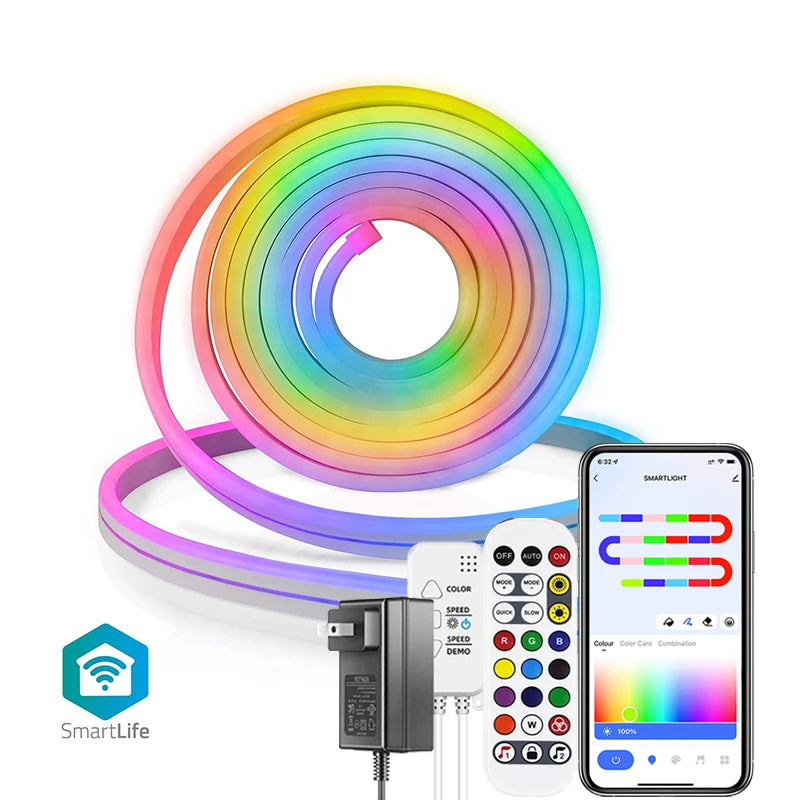 Neon LED Strip Lights 12-24V 84LEDs/M Silicone Neon Rope Light with Music Sync RGBIC Dream color Chasing Strip Tape for Room