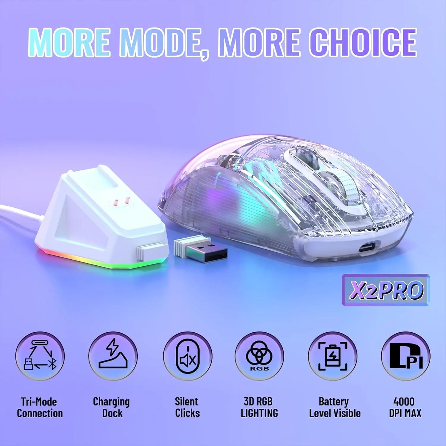 X2Pro Wireless Gaming Mouse with RGB Charging Dock, Tri-Mode Mute Mouse RGB, Backlit, Transparent Shell ,PixArt 3212