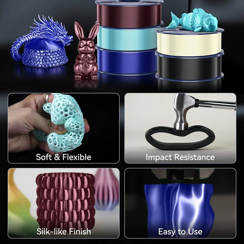 TPU SILK 3D Printer Filament 98A TPU Filament 1.75mm Silk Rainbow SILK PLA PLUS 3D Filament Glossy Silk Surface 5Rolls/set