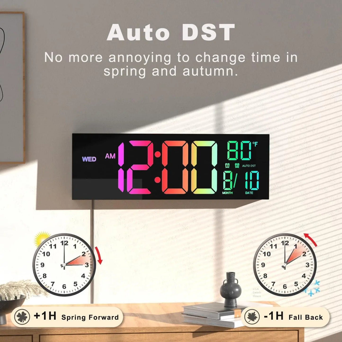 16" Large Digital Wall Clock With Remote Control, Timer, Alarm With Big LED Screen Dispaly, 8 RGB Colors, Auto DST, Temperature