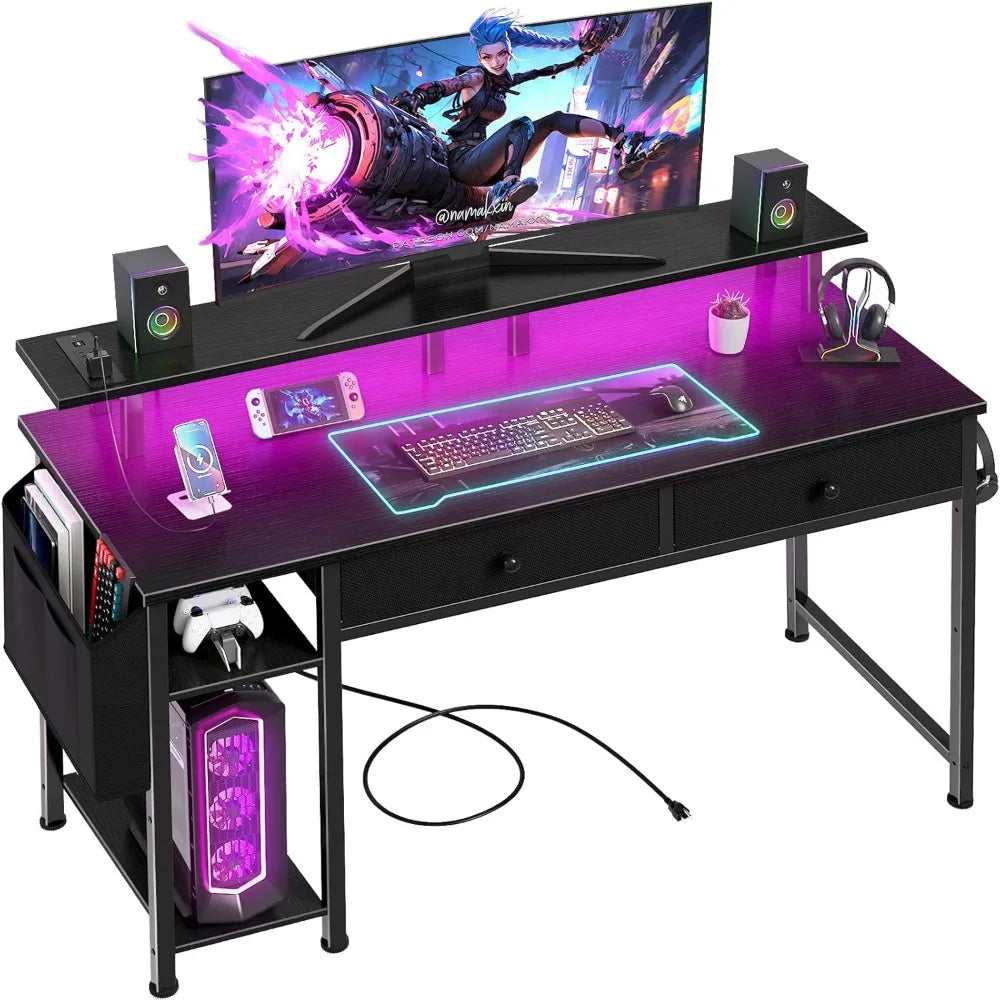Black Computer Desk with Shelves and Drawers - 47 Inch Home Office Desk with Drawers and Shelves, Small Black Desk with Shelves,