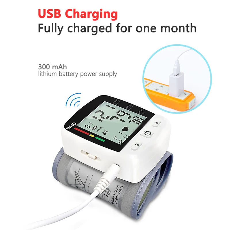 Digital Blood Pressure Monitor Wrist Tensiometer Electronic Sphygmomanometer Tonometer with LCD, 2 X 90 Memory Rechargeable