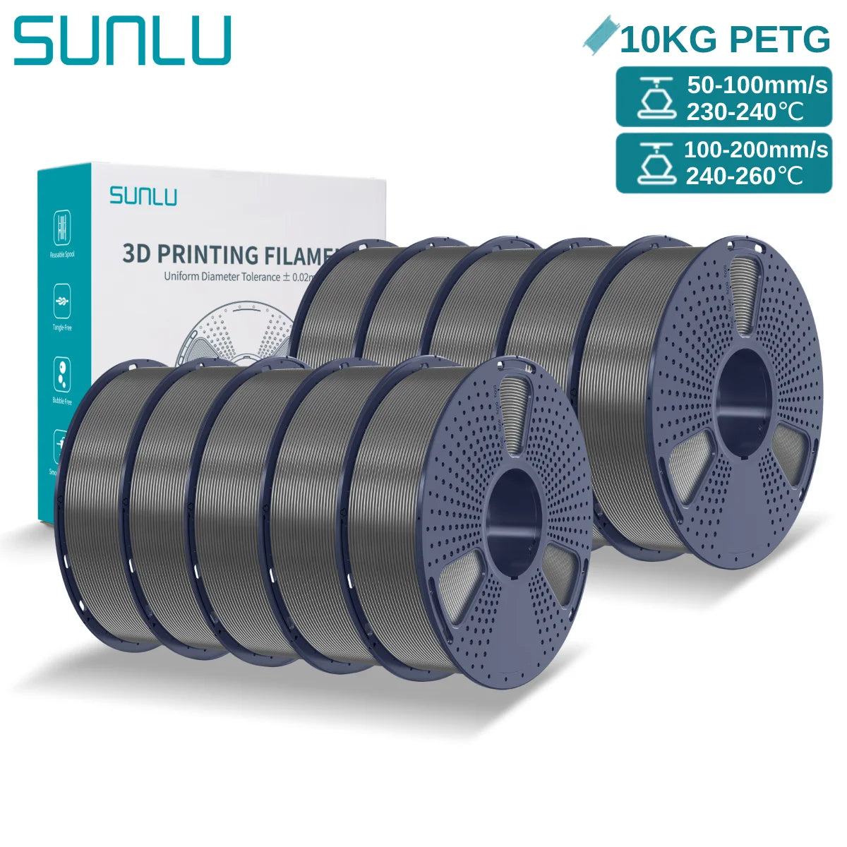 SUNLU PETG 10KG 3D Printer Filament 1.75mm High Toughness Neatly Wound 3D Filaments Spool for Most FDM 3D Printer Materials
