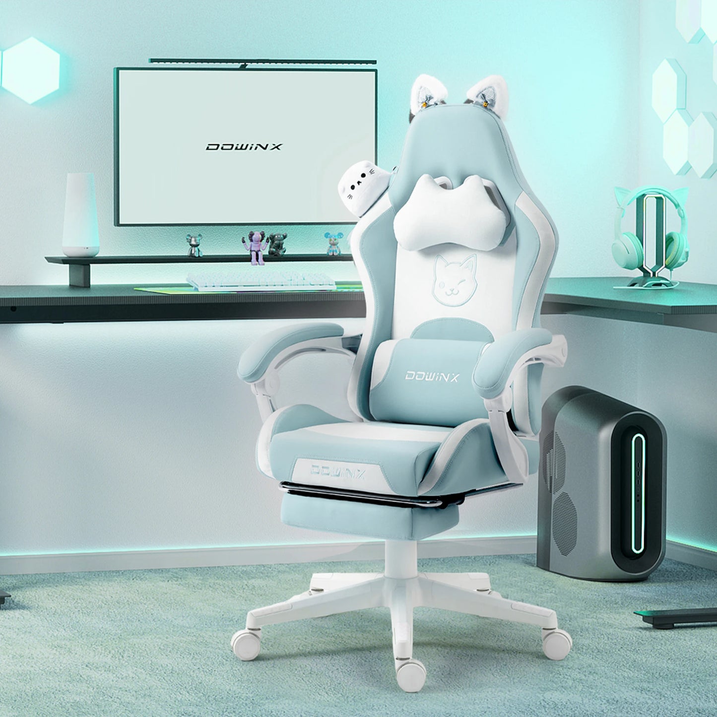 Gaming Chair Cute with Cat Ears and Massage Lumbar Support, Ergonomic Computer Chair for Girl with Footrest and Headrest