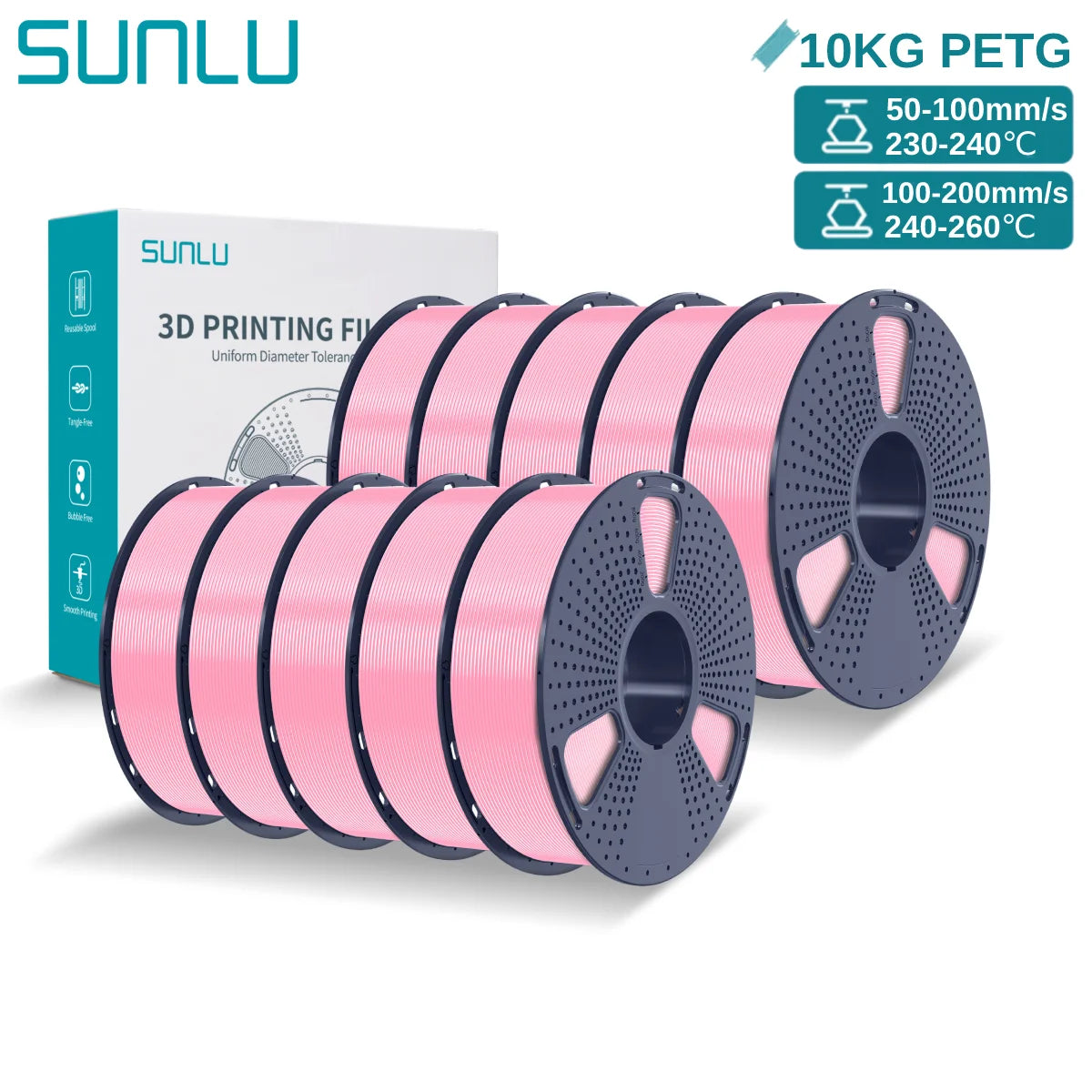 SUNLU PETG 10KG 3D Printer Filament 1.75mm High Toughness Neatly Wound 3D Filaments Spool for Most FDM 3D Printer Materials