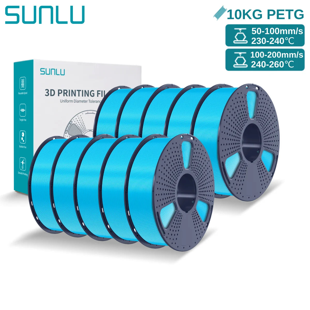 SUNLU PETG 10KG 3D Printer Filament 1.75mm High Toughness Neatly Wound 3D Filaments Spool for Most FDM 3D Printer Materials